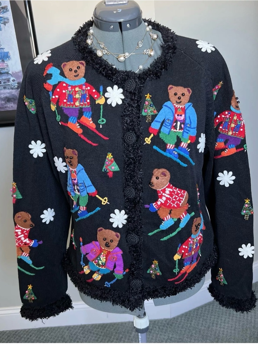 Michael Simon M L Bear Skiing sweater cardigan Apres Ski Christmas